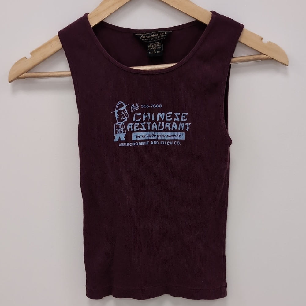 Vintage Abercrombie & Fitch Maroon Tank Top with Light Blue Graphic